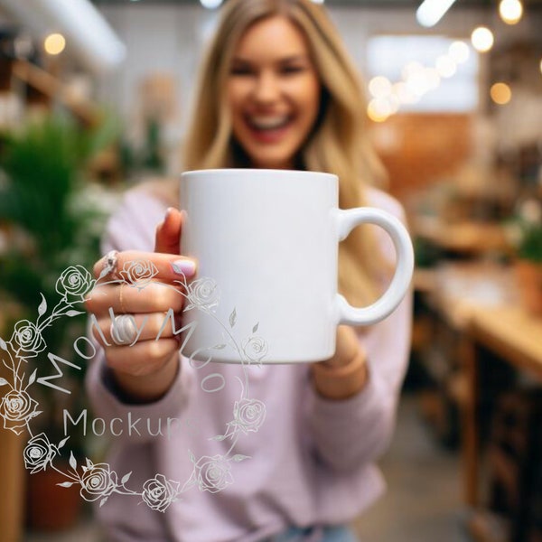 Happy Person Holding White Mug Mock-ups, Minimalistic Themed Mug-Mock-ups , White Ceramic Coffee Cup Mocks, Blank Mug, Add your own designs.