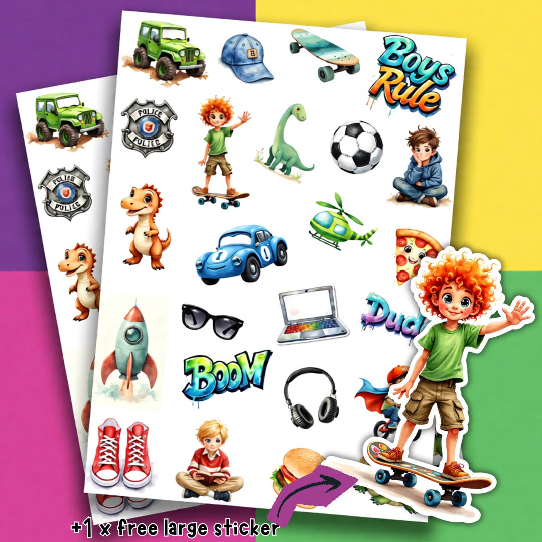 Sticker Sheets Boyish A4 Sticker Sheet 'boys Rule' Scrapbook - Journal - Cute Cartoon Theme ...