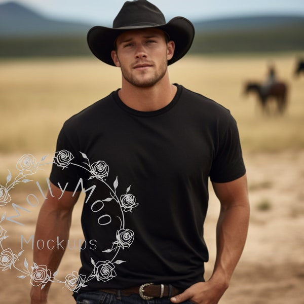 Men's Western Themed Black Bella Canvas 3001 Cotton T-Shirt Mock-up, Cowboy Themed Mock-ups. Black Tee Mockup, Male t-shirt Mockup