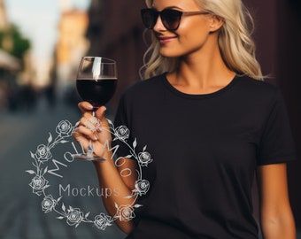 Women Drinking Wine Themed Model Mock-up, Black Outdoor T-Shirt Mock-up, Grey Bella Canvas 3001 Female Casual Mockup, Elegant Style Mock-ups