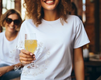 Women Drinking Wine Themed Model Mock-up, White Indoor T-Shirt Mock-up, Grey Bella Canvas 3001 Female Casual Mock-up, Elegant Style Mock-ups