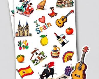 May include: A sticker sheet featuring illustrations of Spanish culture including dancers, a guitar, a cathedral, a bull, a flag, a lemon, a tomato, a wine bottle, a fan, and the text I Love Spain, plus one additional large guitar sticker.