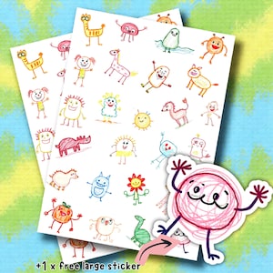 May include: Sheets of stickers with colourful, whimsical drawings of cartoon characters, including giraffes, smiling faces, and other creatures. A large, free sticker is included, with a pink, scribbled character. The background is a blend of blue, green, and yellow.