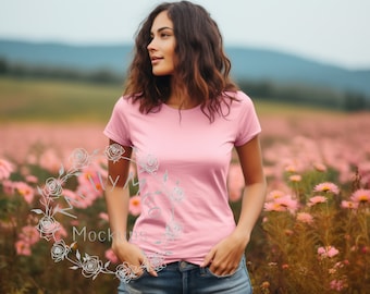 Bella Canvas 6400 Pink Women&#39;s Relaxed Mock-up, T-shirt Mock-up, Bella Shirt Mock-up, Model Mock-up, Women&#39;s Tee Mock, 6400 Pink Shirt Mock