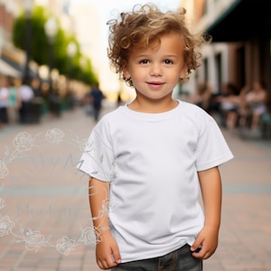 Kids White Bella and Canvas 3001T T-Shirt Mock-up, Boys Outdoor Background T-shirt Mock-up, Kids Street Mock-up, Toddler Boy Summer Mock-up