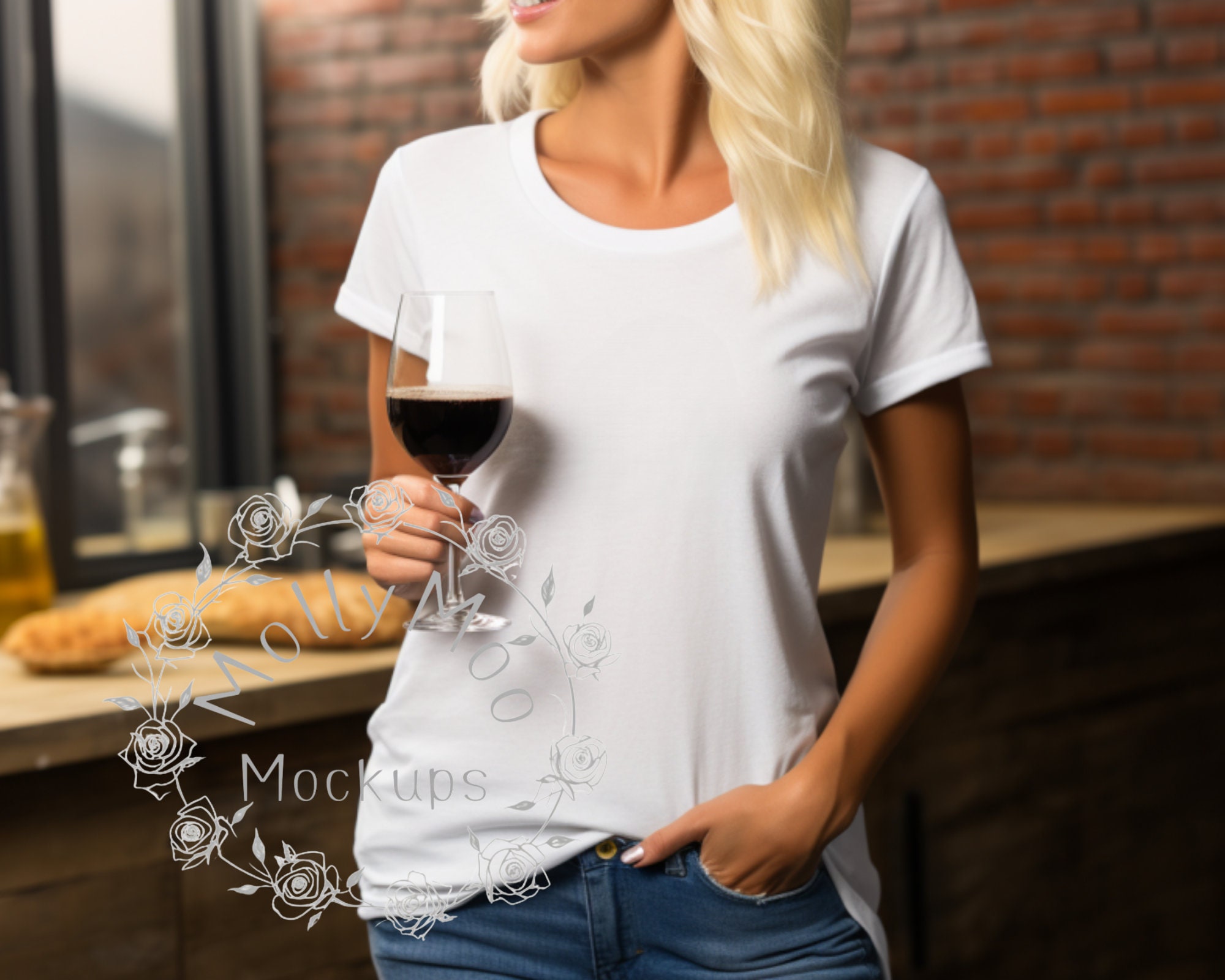 Women Drinking Wine Themed Model Mock-up, White Indoor T-Shirt Mock-up, Grey Bella Canvas 3001 Female Casual Mock-up, Elegant Style Mock-ups
