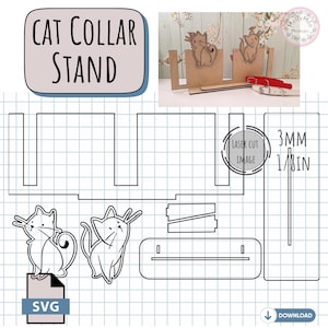 Kleiner Doppel-Katzenkragenständerhalter, Laser geschnittener digitaler Download für Tierzubehör, tragbarer Ausstellungsstand für Handwerksmessen SVG DOWNLOAD.