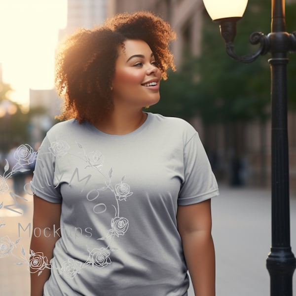 Plus Size Clothing Mock-up, Grey Bella Canvas 3001 Mock-up Large Lady, Body Positive Fun Vibrant Woman's T-Shirt Mock-up, Plus Size Model.