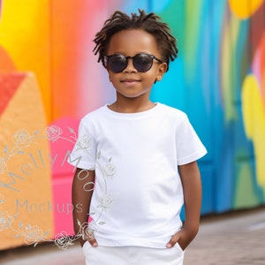 Maquete de camiseta infantil branca Bella e lona 3001T, maquete de camiseta de fundo para meninos ao ar livre, maquete infantil legal cara, maquete de verão para meninos