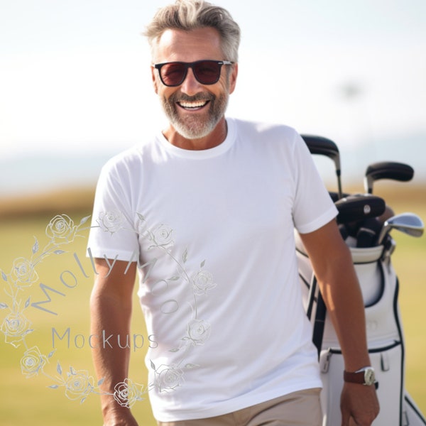 Men's Outdoor Golf Themed Model Mock-up, White T-Shirt Mock-up Older Generation Man, White Bella Canvas 3001 Mock-up, Male T-Shirt Mock-up.