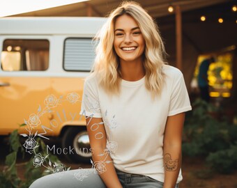 Camping Themed Mock-ups, Simple White T-Shirt Mock-up, Yellow Bella Canvas 3001 Mock-up, Women&#39;s White Outdoor Themed T-Shirt Mock-up,