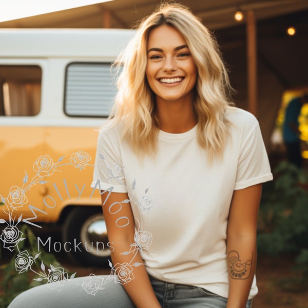 Camping Themed Mock-ups, Simple White T-Shirt Mock-up, Yellow Bella Canvas 3001 Mock-up, Women's White Outdoor Themed T-Shirt Mock-up,