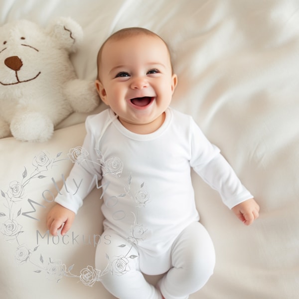 Infant White Bella and Canvas 100B Baby Long Sleeve One Piece, Baby Bodysuit Mock- ups, T-shirt Mock-up, Bella Canvas White  Baby Mock-ups