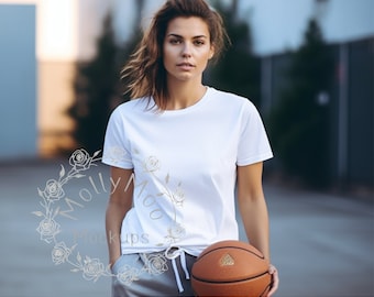 Women&#39;s Sports Themed Model Mock-up, White T-Shirt Mock-up, White Bella Canvas 3001 Mock-up, T-Shirt Mock-up, Athletic Female Sports Mock-up