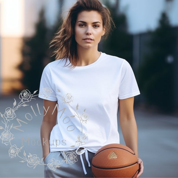 Women's Sports Themed Model Mock-up, White T-Shirt Mock-up, White Bella Canvas 3001 Mock-up, T-Shirt Mock-up, Athletic Female Sports Mock-up