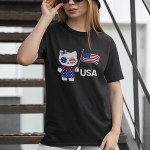 Cute USA Flag Kitty T-Shirt, Summer Tee, Perfect for Fourth of July, Gift for Kids and Teens, Casual Everyday Wear, Birthday Gift