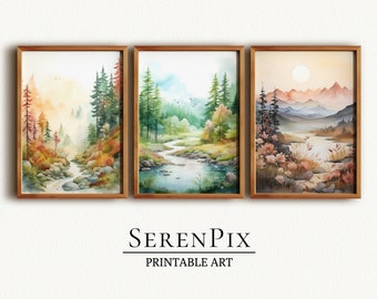Set di stampe di paesaggi acquerellati: arte murale naturalistica (download digitale)