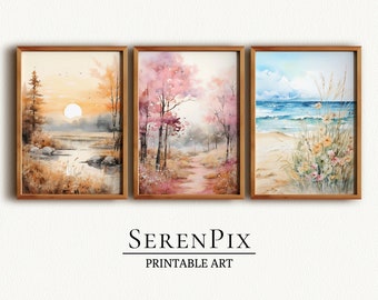 Set di stampe di paesaggi acquerellati: arte murale naturalistica (download digitale)