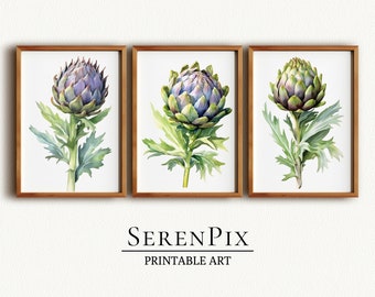 Artichoke Art Print, Set of 3, Autumn Home Decor, Vegetable Art Print, Artichoke Watercolor Painting, Digital Download