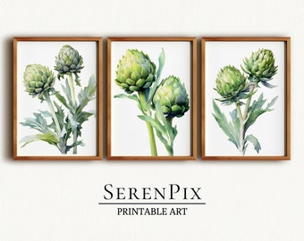 Artichoke Art Print, Set of 3, Autumn Home Decor, Vegetable Art Print, Artichoke Watercolor Painting, Digital Download