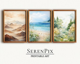 Set di stampe di paesaggi acquerellati: arte murale naturalistica (download digitale)
