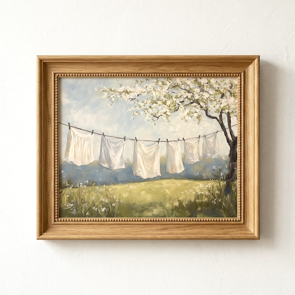 Vintage Waschküche Wandkunst, rustikale Wäscheleine Malerei, Cottagecore Dekor, Bauernhaus Frühling, ländliche Waschraumkunst (Digitaler Download)