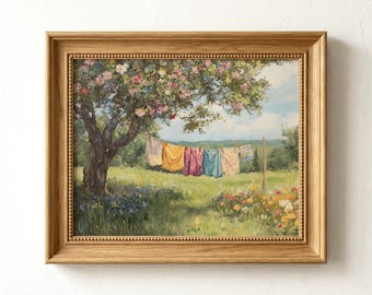 Cottagecore Laundry Wall Art, Vintage Laundry Room Decor, Clothesline Oil Painting Print, Floral Farmhouse Landscape (Digital Download)