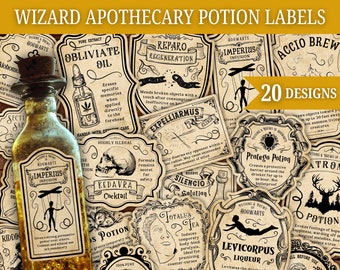 Wizard Potion Labels, Vintage Apothecary Labels, Potion Labels Stickers, Witch Apothecary, Halloween decor brew, Wizard party,Birthday Decor