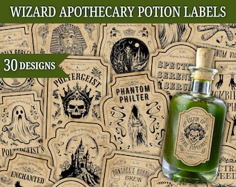 Wizard Potion Labels, Vintage Apothecary Labels, Potion Labels Stickers, Witch Apothecary, Halloween decor brew, Wizard party,Birthday Decor