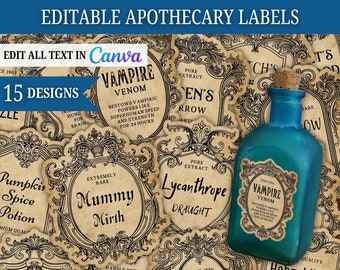 Op de afbeelding: Een verzameling van 15 afdrukbare apotheeklabels met vintage-geïnspireerde ontwerpen. De labels bevatten verschillende namen voor drankjes, zoals "Vampire Venom", "Mummy Mirth" en "Haunted Fog Elixir". De labels zijn in een bruin en zwart kleurenschema met sierlijke randen.