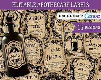Editable Vintage Apothecary Labels, Wizard Potion Labels, Bottle Label Sticker, Witch Apothecary, Halloween decor brew, Wizard party