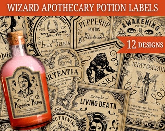 Étiquettes de potion de sorcier, étiquettes d'apothicaire vintage, autocollants d'étiquettes de potion, apothicaire de sorcière, déco d'Halloween, fête de sorcier, déco d'anniversaire