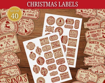 Printable Christmas Labels, Vintage Christmas Stickers, Junk Journal Holiday, Xmas Labels, Christmas Labels Set, Christmas Ephemera