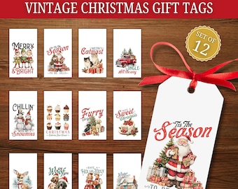 Printable Christmas Gift Tags, Set of 12, Christmas Tag Bundle, Xmas Gift Tag, Vintage Christmas Gift Tag, Festive Gift Tag