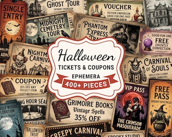 Biglietti di Halloween, materiale effimero per diario di oggetti usati / Coupon, biglietto vintage inquietante stampabile / decorazione di Halloween, album di ritagli spettrale (download digitale)