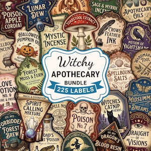 Può includere: Una collezione di etichette decorative da speziale con varie illustrazioni mistiche e botaniche, tra cui teschi, funghi, gatti e pozioni. L'etichetta centrale bianca mostra il testo Witchy APOTHECARY BUNDLE 225 LABELS.