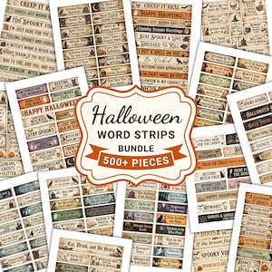 Halloween Word Strips Printable Bundle, Ephemera Vintage Halloween Labels, Junk Journal Words, Spooky Sayings Scrapbook (Digital Download)