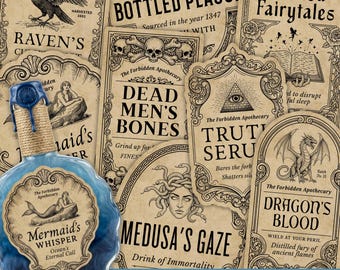 May include: A collection of vintage potion labels with various designs, including "Raven's Curse," "Bottled Plague," and "Dragon's Blood." The labels feature illustrations of a raven, rat, mermaid, and Medusa. The image also shows a blue potion bottle.