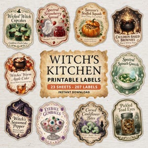 May include: A collection of decorative labels featuring illustrations of food and potions with text including Wicked Witch Cupcakes, Spectral Strawberry Spread, Sorcerer's Stuffed Squash, Cauldron-Baked Brownies, Witches' Warm Apple Cider, Spectral Spinach Gnocchi, Witch's Seasoned Pepper, Eyeball Gumballs, Cursed Cauliflower Bites, and Pickled Toad Eyes.