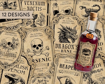 Apothecary Printable Labels, Vintage Halloween Poison Label, Wizard Potion Bottle Stickers, Dark Academia Decor (Digital Download)