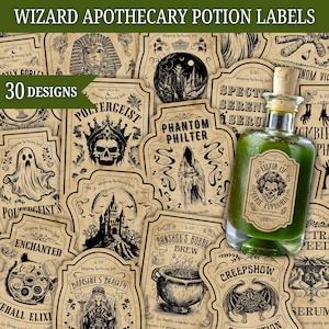 Étiquettes de potion de sorcier, étiquettes d'apothicaire vintage, autocollants d'étiquettes de potion, apothicaire de sorcière, déco d'Halloween, fête de sorcier, déco d'anniversaire