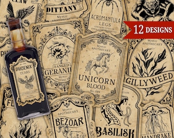 Étiquettes pour potions d'apothicaire, autocollants imprimables pour flacons magiques, décoration Dark Academia, alchimiste sorcière, fête de sorciers (téléchargement numérique)