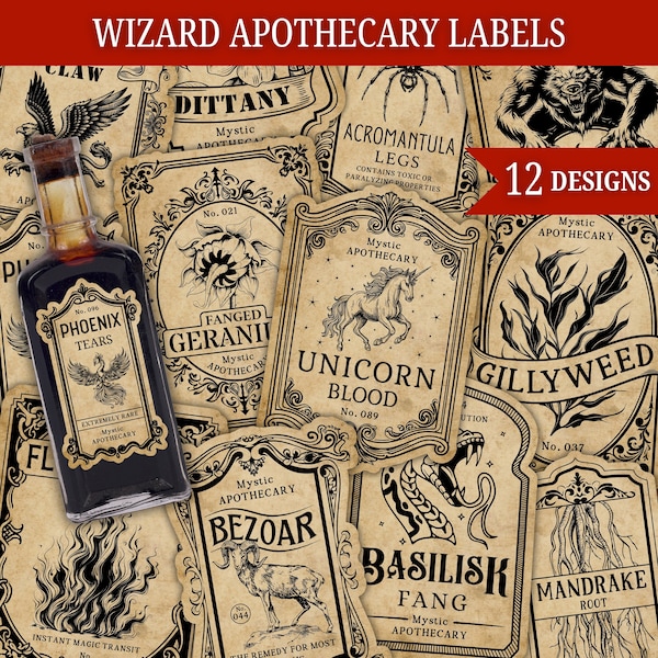 Wizard Potion Labels, Vintage Apothecary Labels, Potion Labels Stickers, Witch Apothecary, Halloween decor brew, Wizard party,Birthday Decor