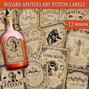 Etichette per pozioni magiche, adesivi vintage per farmacisti per decorazioni di Halloween e feste magiche, decorazioni per compleanni con pozioni di streghe, etichette stampabili per barattoli di incantesimi