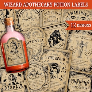 Étiquettes de potion de sorcier, étiquettes d'apothicaire vintage, autocollants d'étiquettes de potion, apothicaire de sorcière, déco d'Halloween, fête de sorcier, déco d'anniversaire image 1