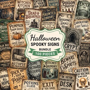 Printable Halloween ephemera spooky signs sheets. Designs feature gothic haunted houses, creepy apothecary potion bottles, witches, black cats, skulls, skeleton crew, fortunetellers, and occult tarot cards. Each gothic tag has an aged, worn parchment paper texture with highly detailed hand-drawn style illustrations. Perfect scrapbook kit pages for witchcraft potion labels, dark academia, and spooky Halloween wall decor printables.