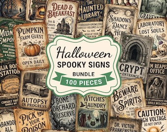 Materiale effimero di Halloween: cartelli spettrali, kit per junk journal vintage, etichette da farmacia, decorazioni per case infestate, ritagli di precisione a tema stregoneria (download digitale)