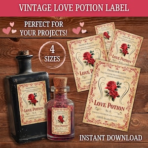 Étiquette vintage pour philtre d'amour, cadeau Saint Valentin, étiquette d'apothicaire à imprimer, étiquette d'étiquette de vin, étiquette épellation d'amour, journal indésirable, scrapbooking