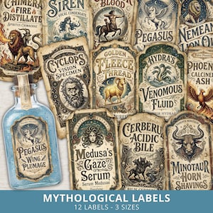 Set di etichette stampabili a tema farmacia mitologica, etichette per bottiglie di pozioni di Halloween, ritagli di precisione, elementi decorativi da strega, festa a tema mago (download digitale)