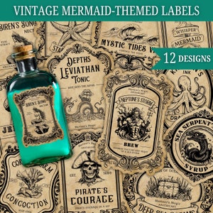 Étiquettes de potions sur le thème des sirènes, étiquettes de bouteilles de sirène pour une fête de sorcier et une décoration d'anniversaire, potions de pirates vintage, décoration de fête d'Halloween